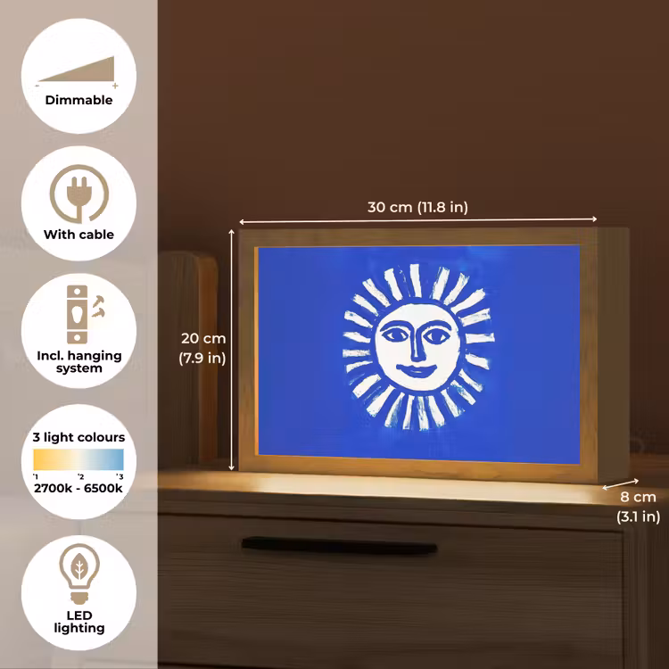 Zon - Gezicht - Penseelstructuur - Blauw Light Box met kabel (Tafellamp) klein -USP_EN
