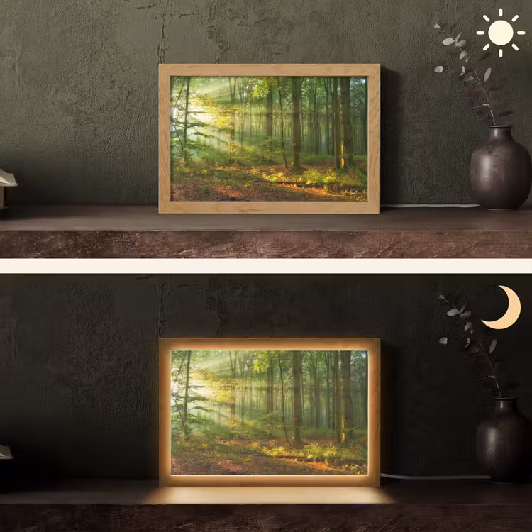 Zon - Bos - Bomen - Natuur - Herfst Light Box met kabel (Tafellamp) klein -sfeer3