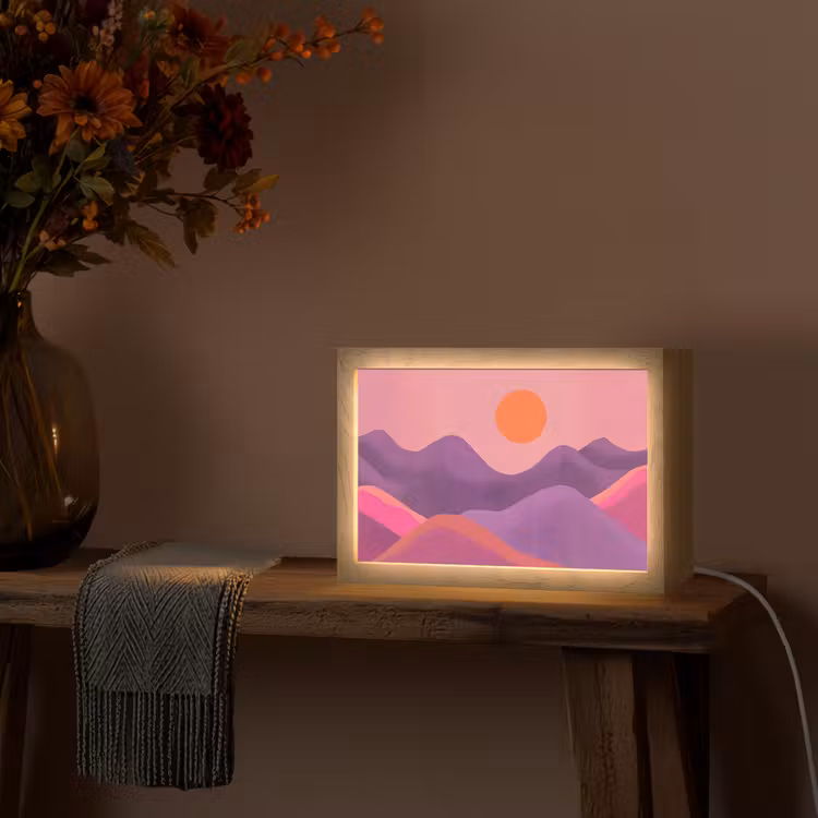 Zon - Heuvels - Paars - Abstract Light Box met kabel (Tafellamp) klein -sfeer4