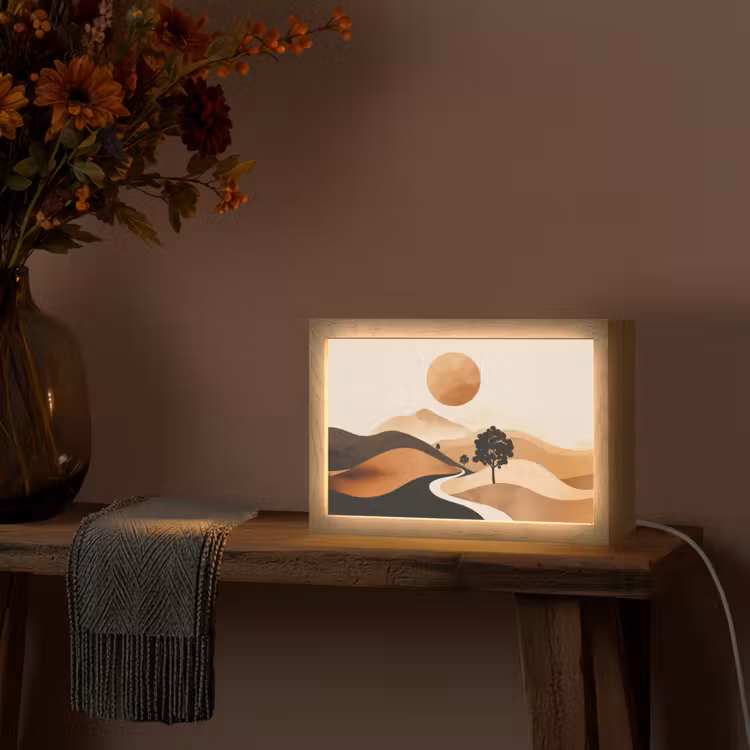 Zon - Heuvels - Boom - Abstract Light Box met kabel (Tafellamp) klein -sfeer4