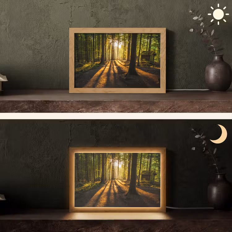 Zon - Bomen - Bos - Landschap - Natuur Light Box met kabel (Tafellamp) klein -sfeer3