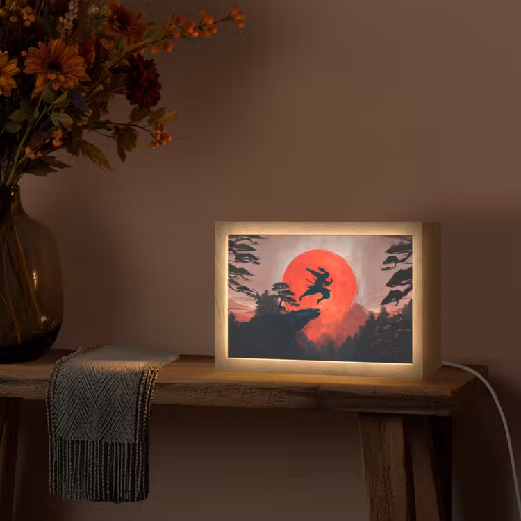 Zon - Krijger - Bomen - Bergen Light Box met kabel (Tafellamp) klein -sfeer4
