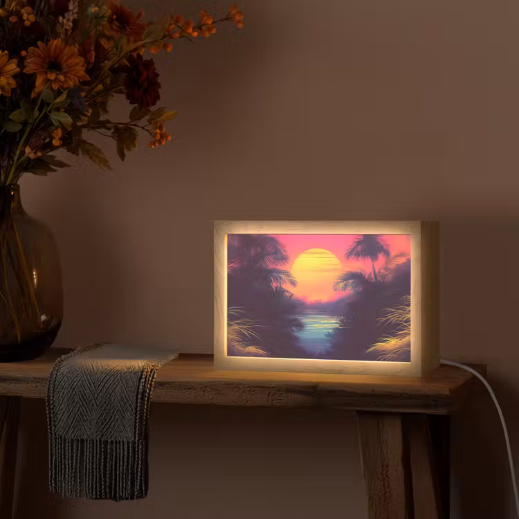 Zon - Geel - Palmbomen - Tropisch Light Box met kabel (Tafellamp) klein -sfeer4
