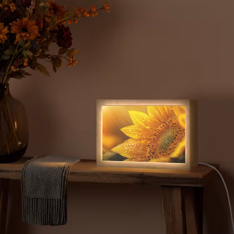 Zonnebloem - Dauwdruppels - Geel - Zonlicht Light Box met kabel (Tafellamp) klein -sfeer4