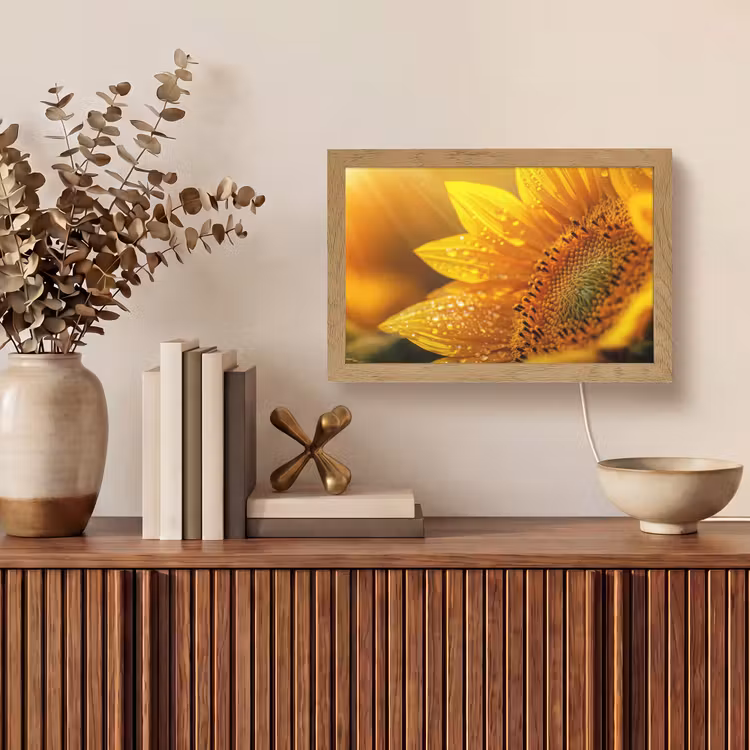 Zonnebloem - Dauwdruppels - Geel - Zonlicht Light Box met kabel (Tafellamp) klein -sfeer2