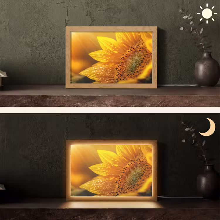 Zonnebloem - Dauwdruppels - Geel - Zonlicht Light Box met kabel (Tafellamp) klein -sfeer3