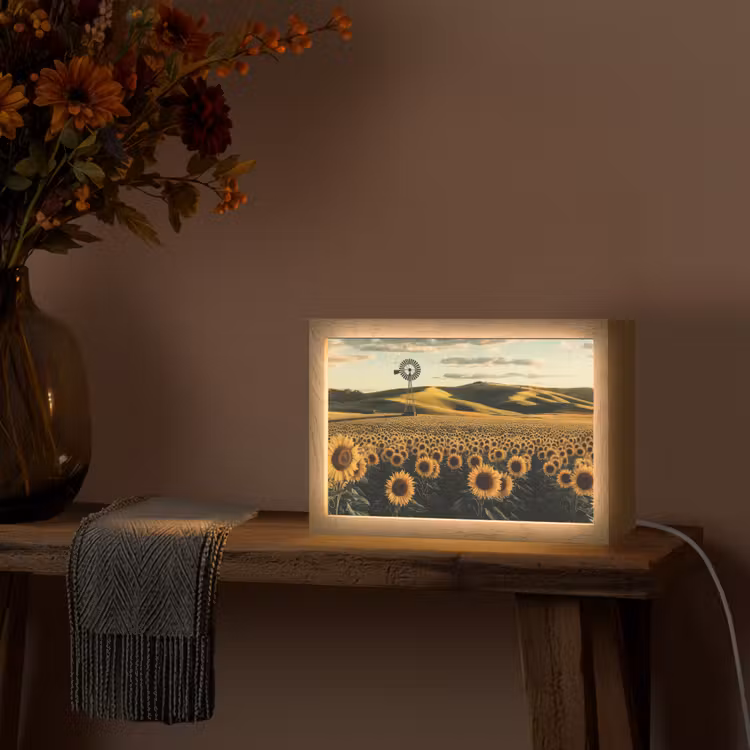 Zonnebloem - Veld - Windmolen Light Box met kabel (Tafellamp) klein -sfeer4