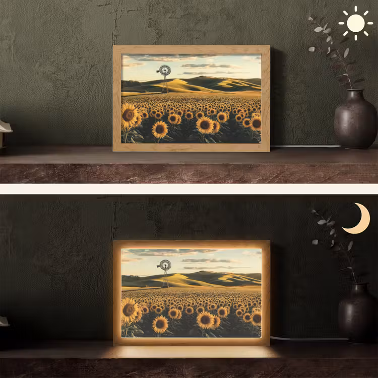 Zonnebloem - Veld - Windmolen Light Box met kabel (Tafellamp) klein -sfeer3
