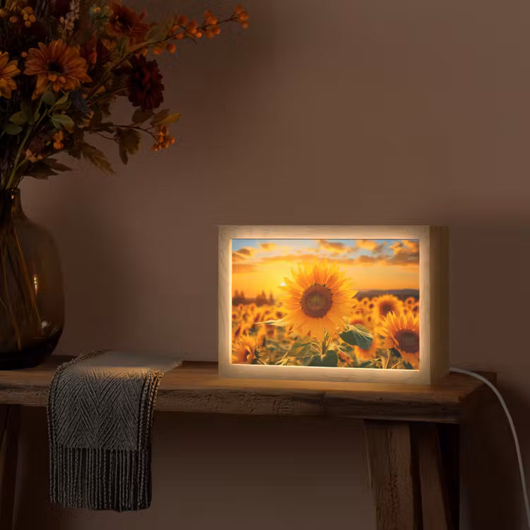 Zonnebloem - Bloemen - Geel - Bloemenveld met zonnebloemen Light Box met kabel (Tafellamp) klein -sfeer4