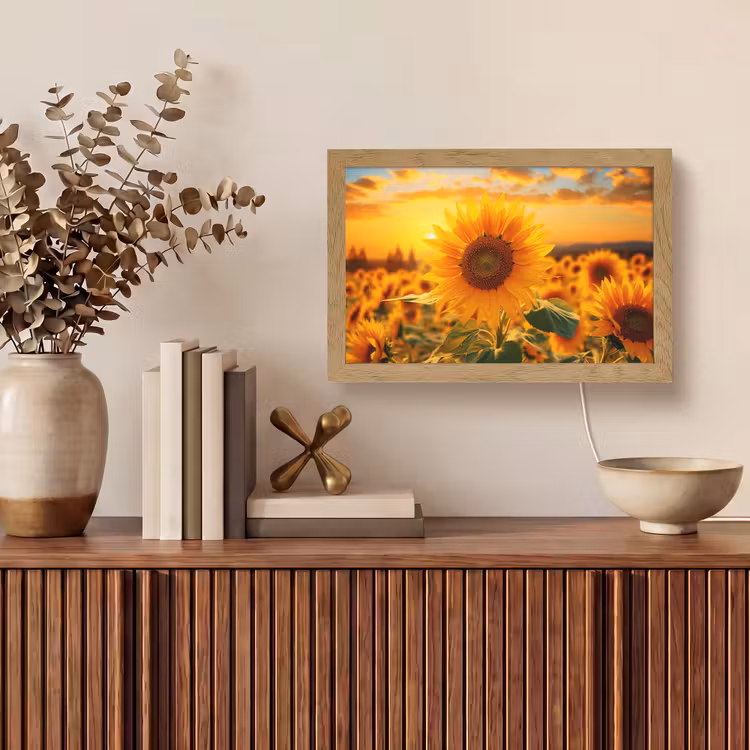 Zonnebloem - Bloemen - Geel - Bloemenveld met zonnebloemen Light Box met kabel (Tafellamp) klein -sfeer2