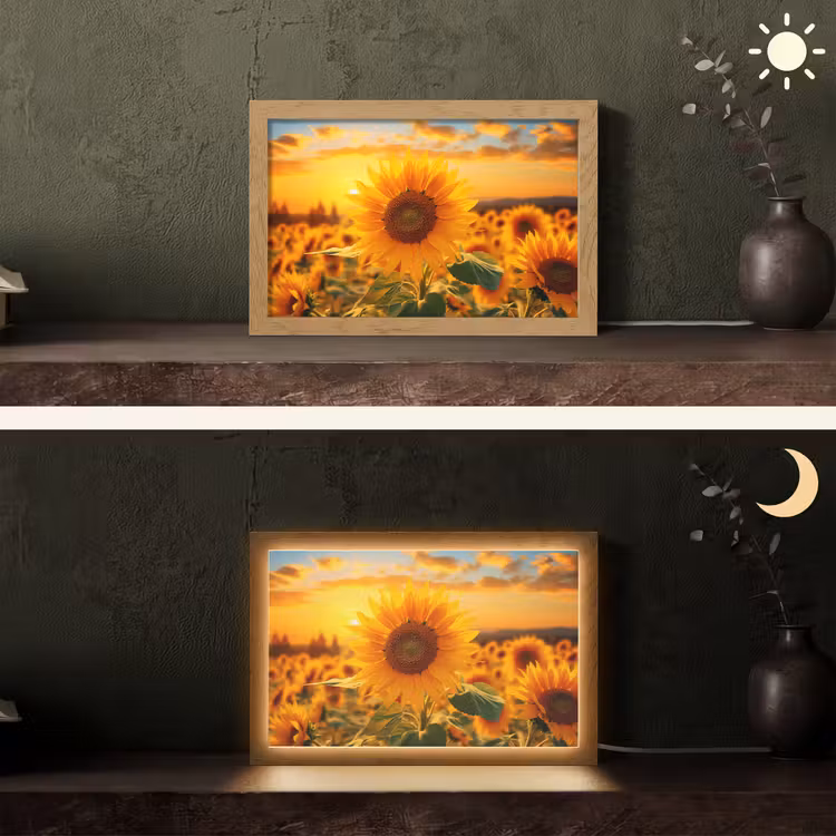 Zonnebloem - Bloemen - Geel - Bloemenveld met zonnebloemen Light Box met kabel (Tafellamp) klein -sfeer3