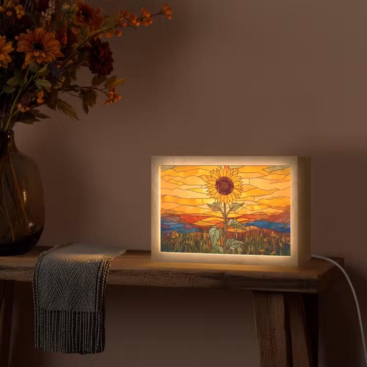 Zonnebloem - Mozaïek - Zonsondergang - Geel Light Box met kabel (Tafellamp) klein -sfeer4
