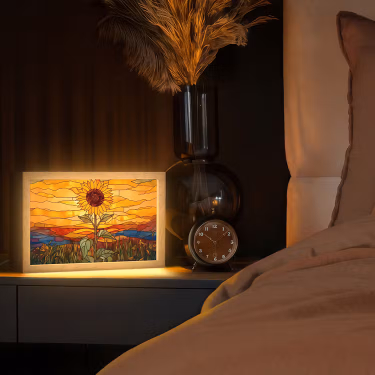 Zonnebloem - Mozaïek - Zonsondergang - Geel Light Box met kabel (Tafellamp) klein -sfeer1