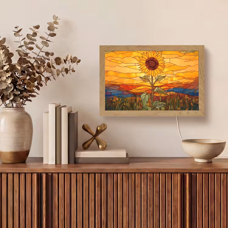 Zonnebloem - Mozaïek - Zonsondergang - Geel Light Box met kabel (Tafellamp) klein -sfeer2