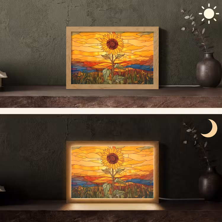 Zonnebloem - Mozaïek - Zonsondergang - Geel Light Box met kabel (Tafellamp) klein -sfeer3