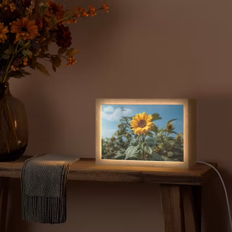 Zonnebloemen - Helderblauwer lucht - Gras Light Box met kabel (Tafellamp) klein -sfeer4