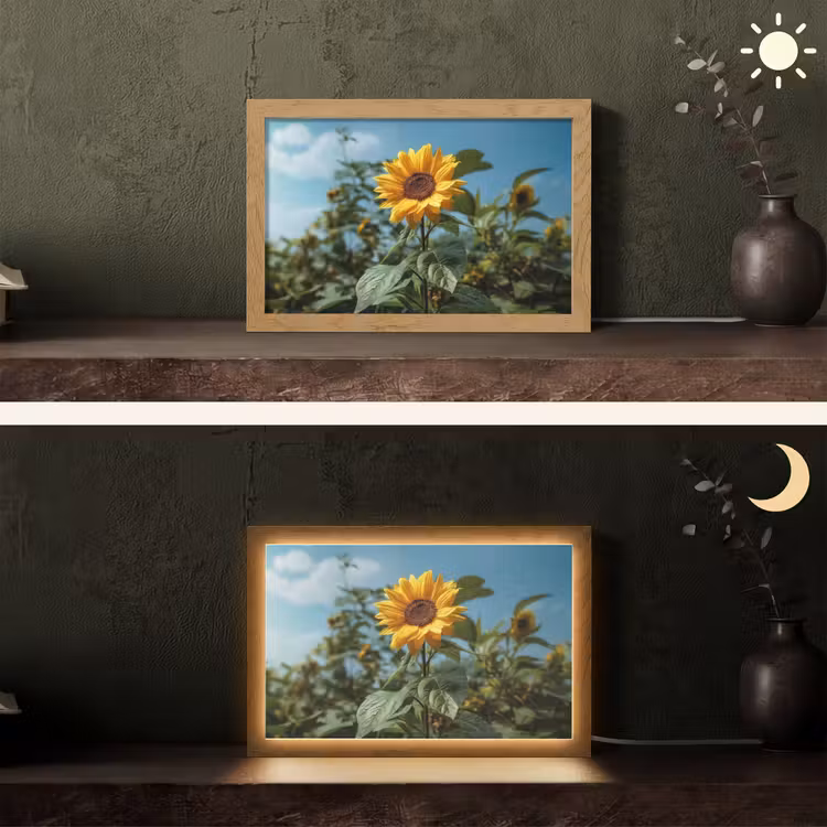 Zonnebloemen - Helderblauwer lucht - Gras Light Box met kabel (Tafellamp) klein -sfeer3