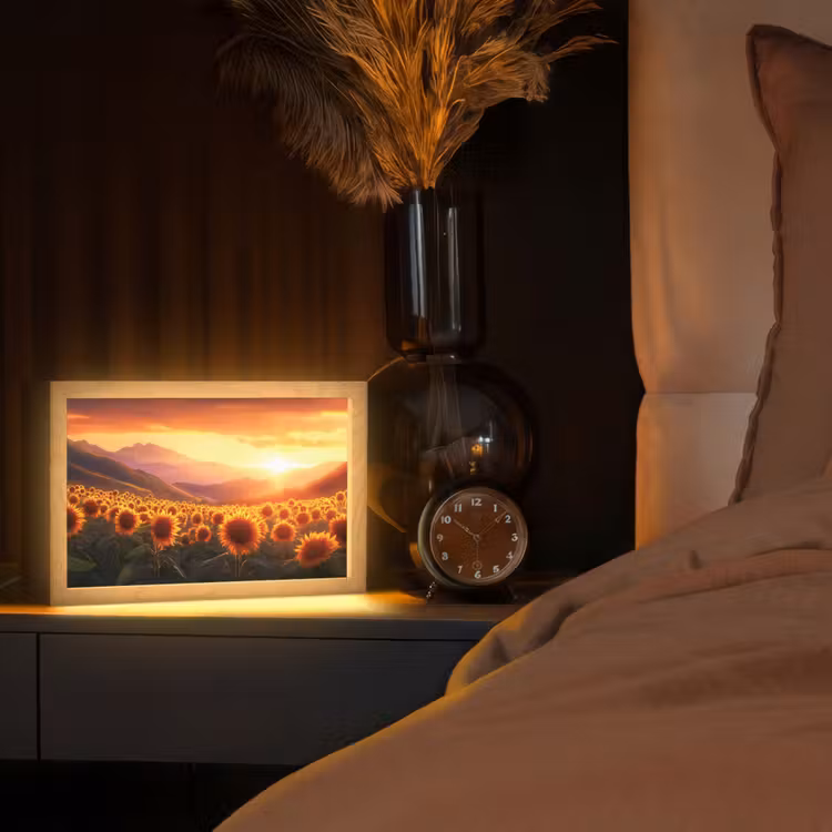 Zonnebloemen - Zonsondergang - Landschap Light Box met kabel (Tafellamp) klein -sfeer1