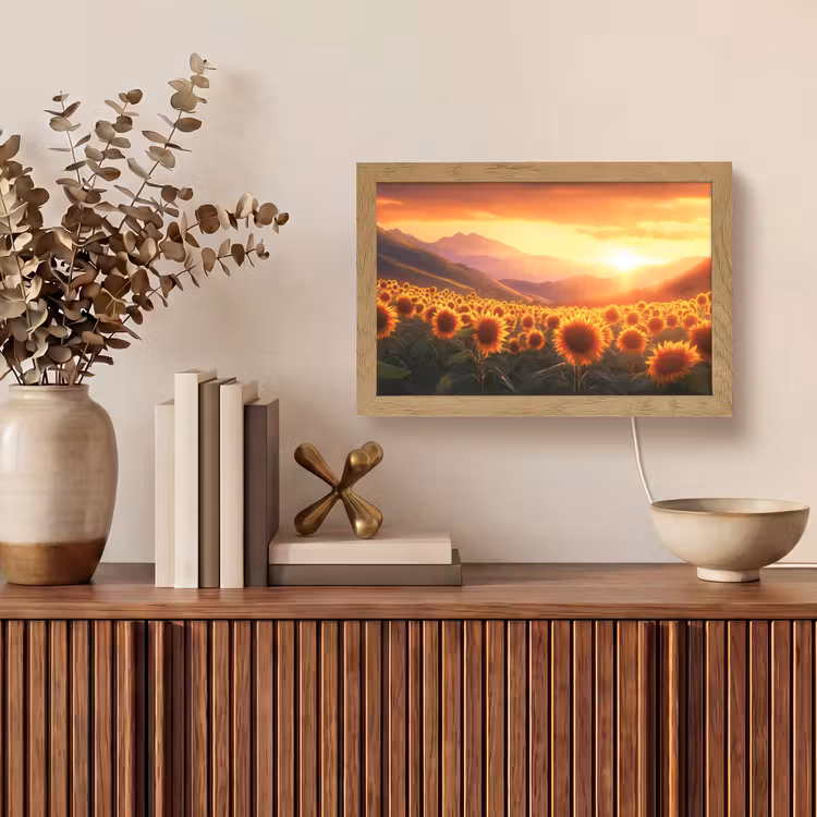 Zonnebloemen - Zonsondergang - Landschap Light Box met kabel (Tafellamp) klein -sfeer2