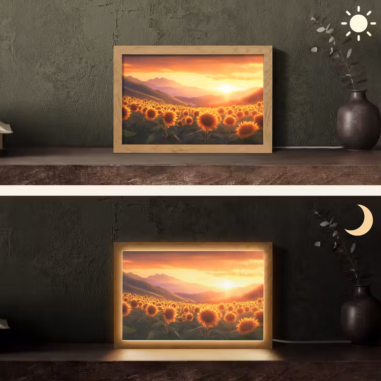 Zonnebloemen - Zonsondergang - Landschap Light Box met kabel (Tafellamp) klein -sfeer3
