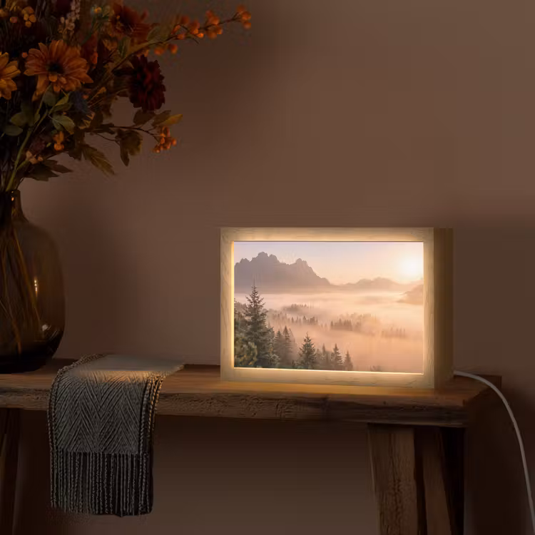 Zonlicht - Mist - Bergen - Bomen Light Box met kabel (Tafellamp) klein -sfeer4