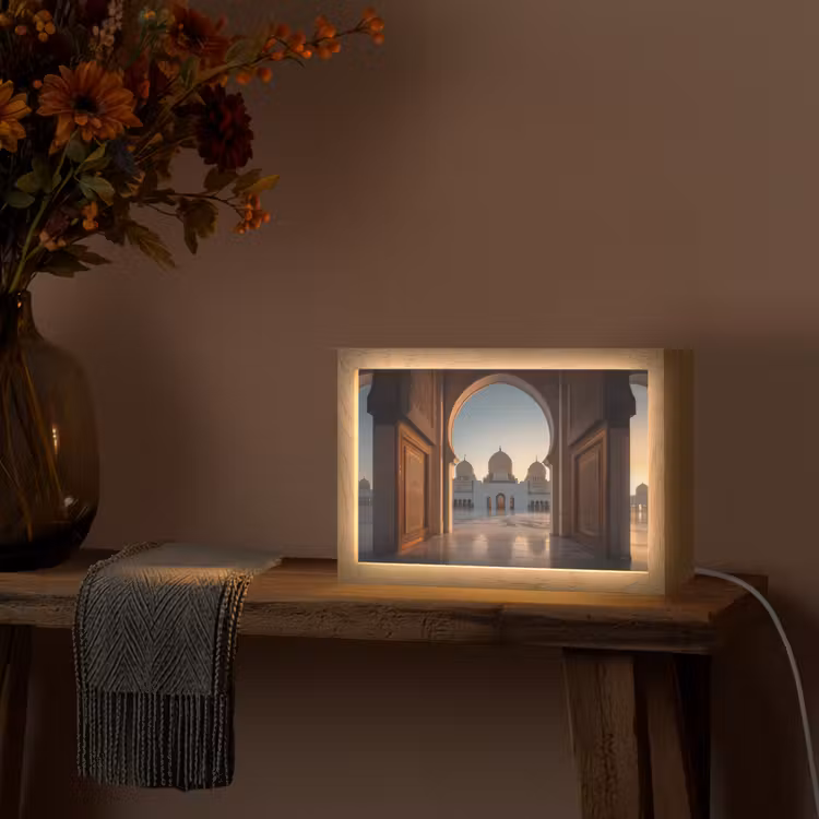 Zonsopkomst - Witte koepels - Plein - Moskee Light Box met kabel (Tafellamp) klein -sfeer4