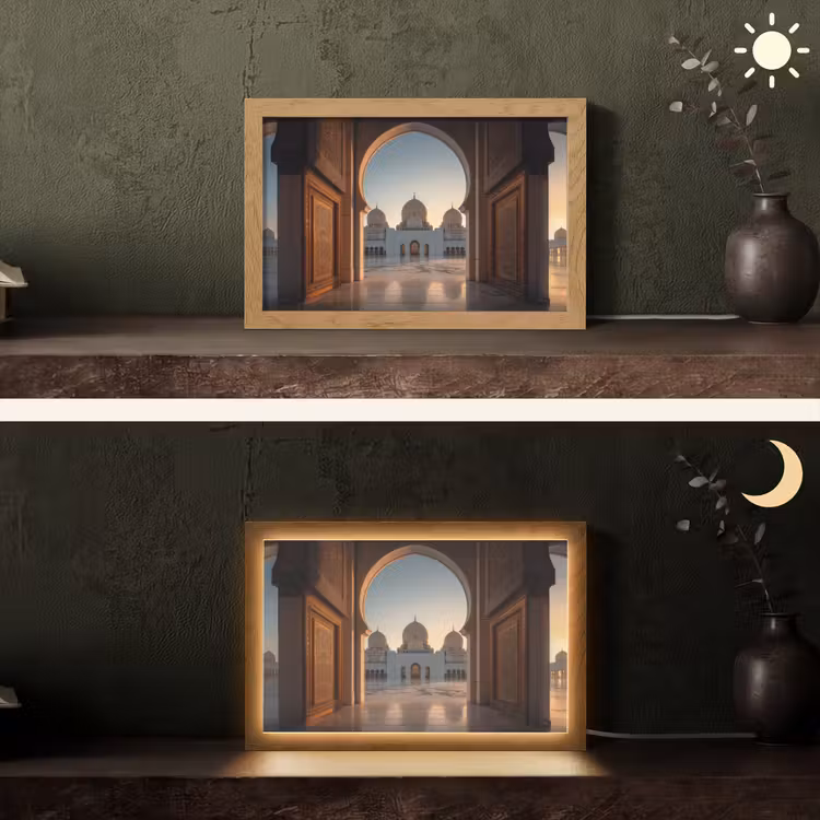 Zonsopkomst - Witte koepels - Plein - Moskee Light Box met kabel (Tafellamp) klein -sfeer3
