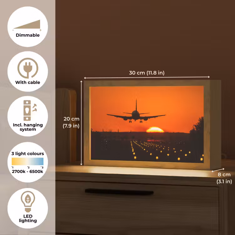 Zonsondergang - Vliegtuig - Oranje - Zon Light Box met kabel (Tafellamp) klein -USP_EN