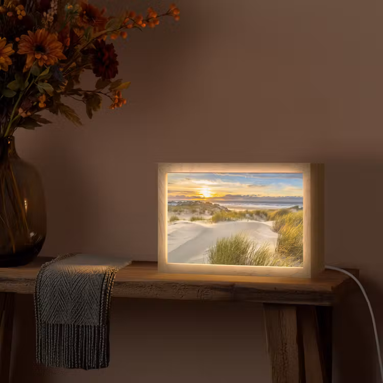 Zonsondergang - Duinen - Strand - Landschap Light Box met kabel (Tafellamp) klein -sfeer4
