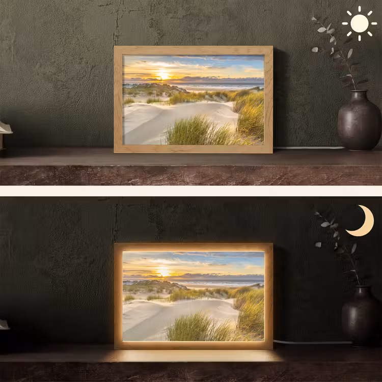 Zonsondergang - Duinen - Strand - Landschap Light Box met kabel (Tafellamp) klein -sfeer3