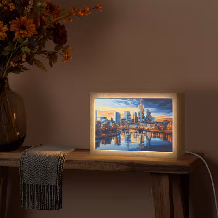 Zonsondergang Frankfurt - Stad - Skyline - Water Light Box met kabel (Tafellamp) klein -sfeer4