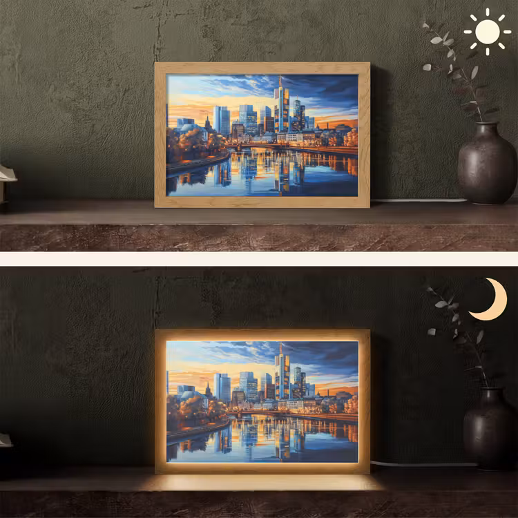 Zonsondergang Frankfurt - Stad - Skyline - Water Light Box met kabel (Tafellamp) klein -sfeer3