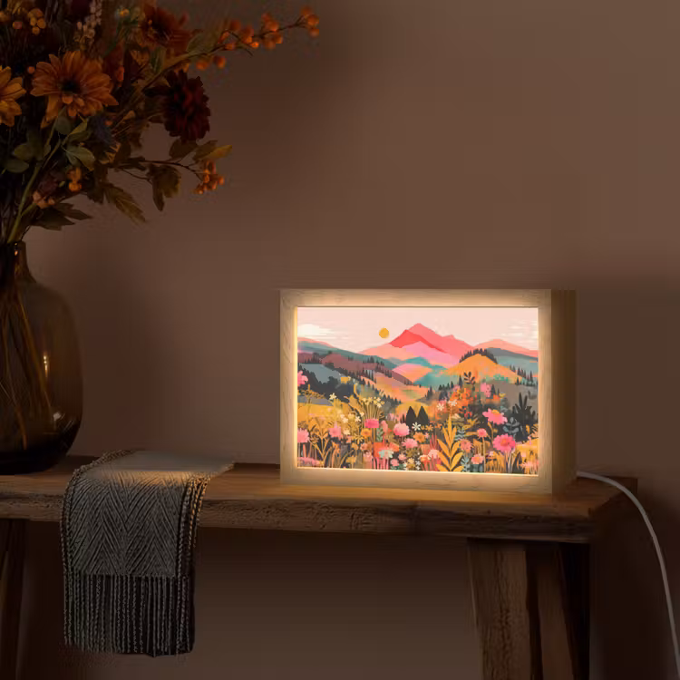 Zonsondergang - Bergvallei - Contrast Light Box met kabel (Tafellamp) klein -sfeer4
