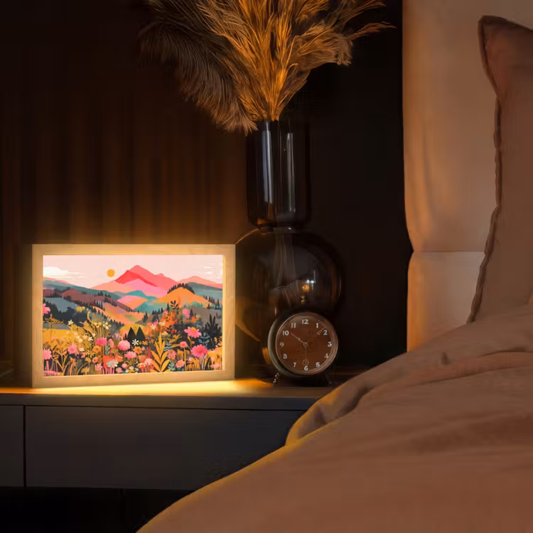 Zonsondergang - Bergvallei - Contrast Light Box met kabel (Tafellamp) klein -sfeer1