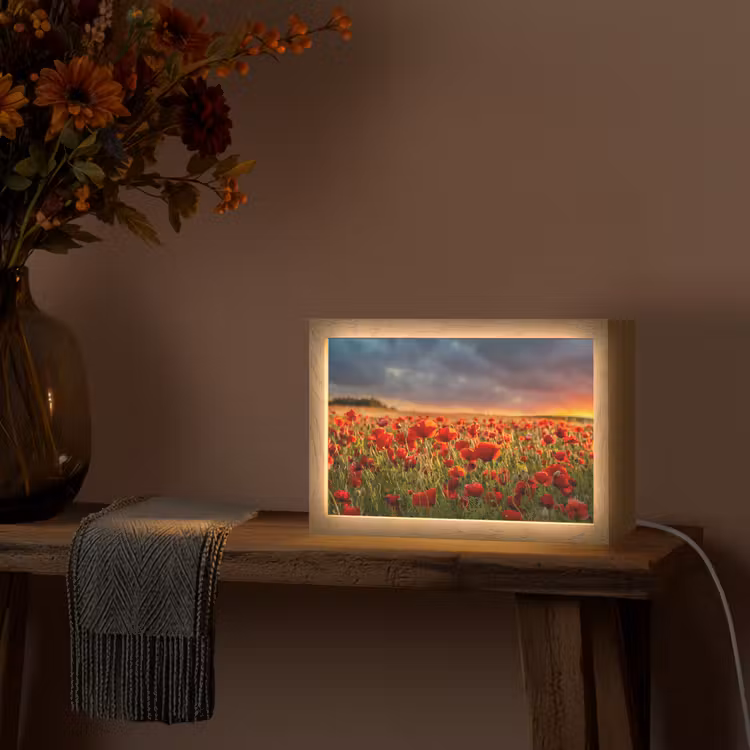 Zonsondergang - Klaprozen - Rood - Bloemen - Veld - Natuur Light Box met kabel (Tafellamp) klein -sfeer4