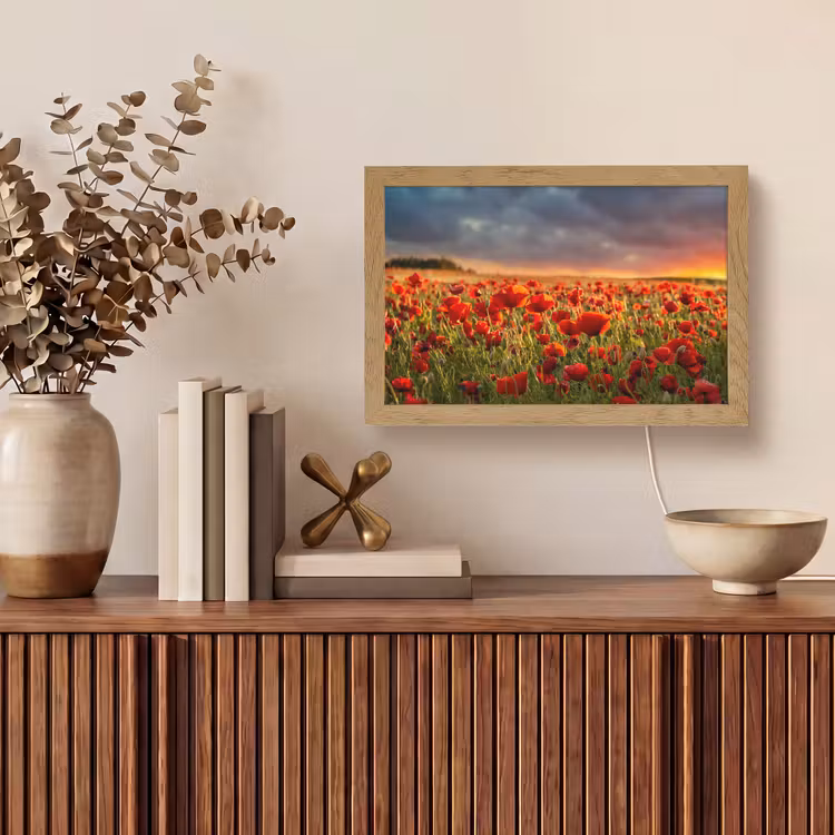 Zonsondergang - Klaprozen - Rood - Bloemen - Veld - Natuur Light Box met kabel (Tafellamp) klein -sfeer2