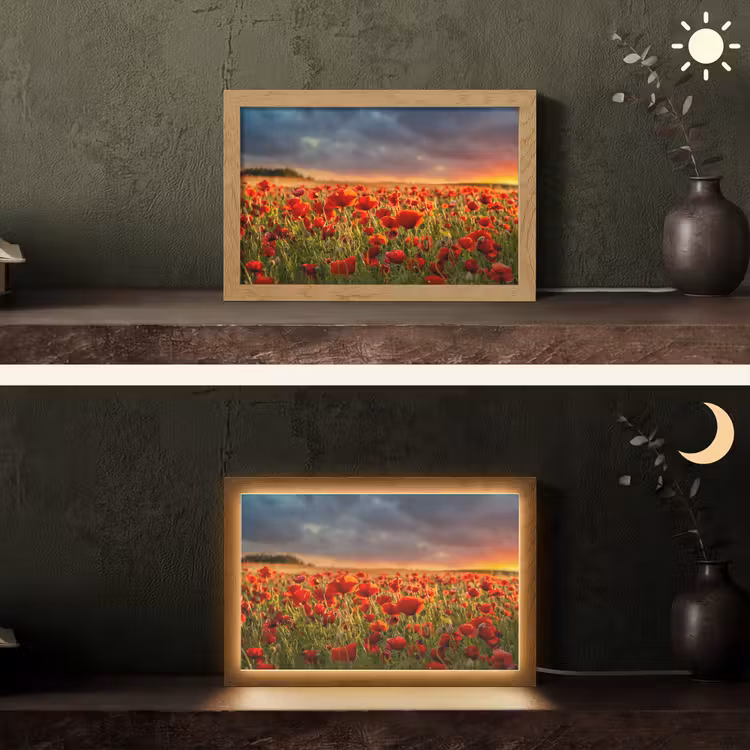 Zonsondergang - Klaprozen - Rood - Bloemen - Veld - Natuur Light Box met kabel (Tafellamp) klein -sfeer3