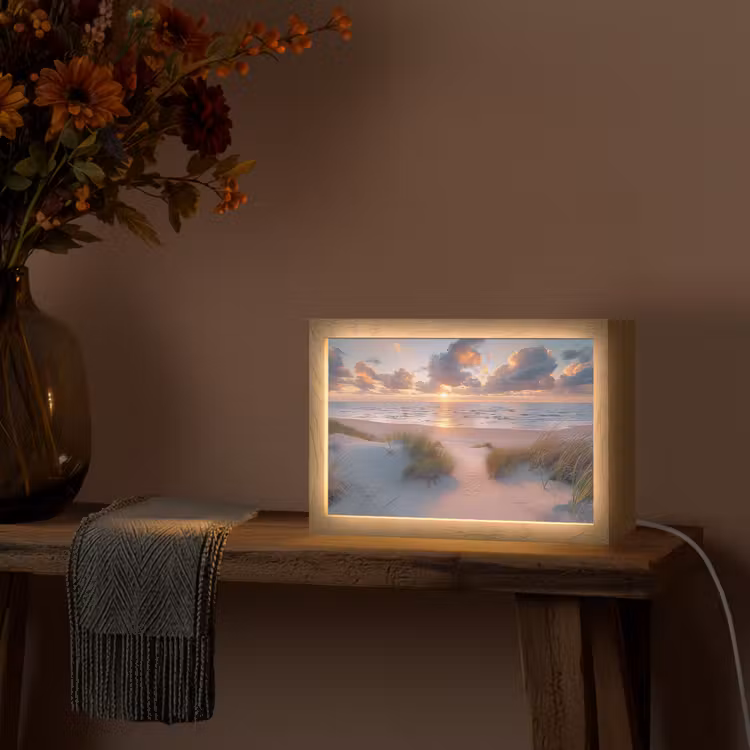 Zonsondergang - Zee - Strand - Duinen - Natuur Light Box met kabel (Tafellamp) klein -sfeer4