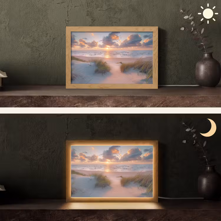 Zonsondergang - Zee - Strand - Duinen - Natuur Light Box met kabel (Tafellamp) klein -sfeer3
