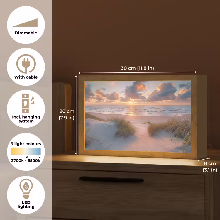 Zonsondergang - Zee - Strand - Duinen - Natuur Light Box met kabel (Tafellamp) klein -USP_EN