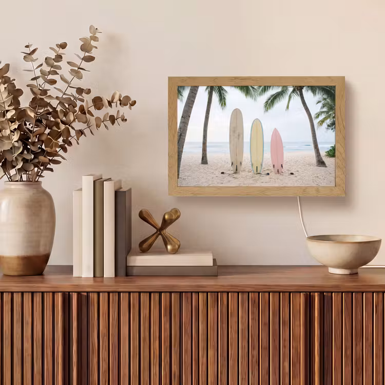 Surfboard - Palmbomen - Kleurrijk Light Box met kabel (Tafellamp) klein -sfeer2