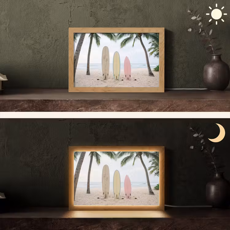 Surfboard - Palmbomen - Kleurrijk Light Box met kabel (Tafellamp) klein -sfeer3