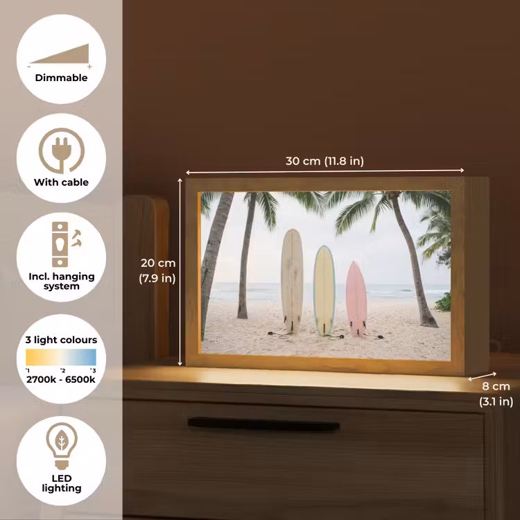 Surfboard - Palmbomen - Kleurrijk Light Box met kabel (Tafellamp) klein -USP_EN