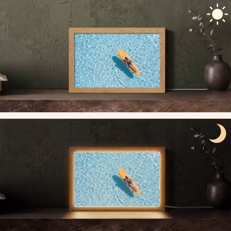 Surfboard - Water - Badpak - Oranje Light Box met kabel (Tafellamp) klein -sfeer3