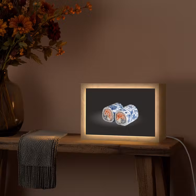 Sushi - Delfts blauw - Rijst - Vis - Elegant Light Box met kabel (Tafellamp) klein -sfeer4
