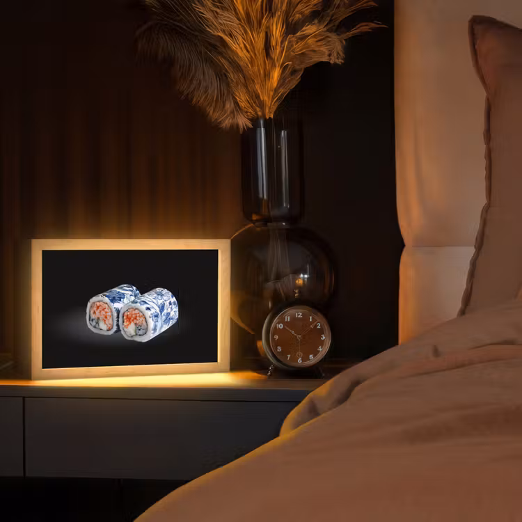 Sushi - Delfts blauw - Rijst - Vis - Elegant Light Box met kabel (Tafellamp) klein -sfeer1