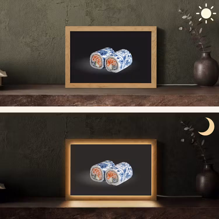 Sushi - Delfts blauw - Rijst - Vis - Elegant Light Box met kabel (Tafellamp) klein -sfeer3