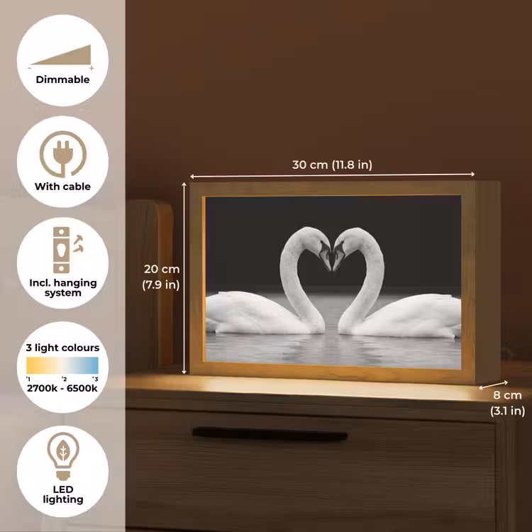 Zwanen - Hart - Zwart - Wit Light Box met kabel (Tafellamp) klein -USP_EN