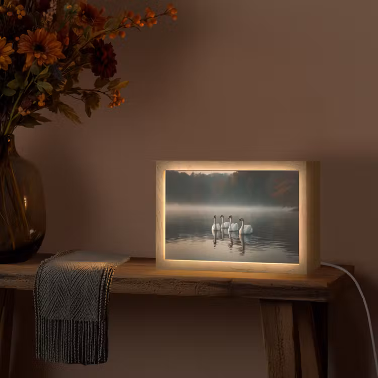 Zwanen - Wit - Water - Mist Light Box met kabel (Tafellamp) klein -sfeer4