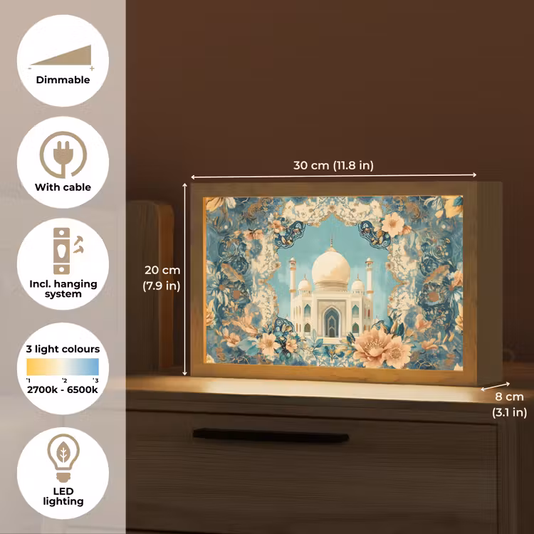 Taj Mahal - Ramadan - Bloemen - Islamitische Light Box met kabel (Tafellamp) klein -USP_EN